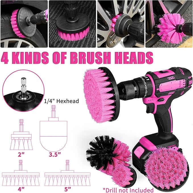 20PCS Car Cleaning Kit, Pink Car Interior Detailing Kit with Drill Brush Set, Windshield Cleaning Tool, Detailing Brushes, Wire Brushes, Cleaning Gel, Complete Cleaning Supplies for Women