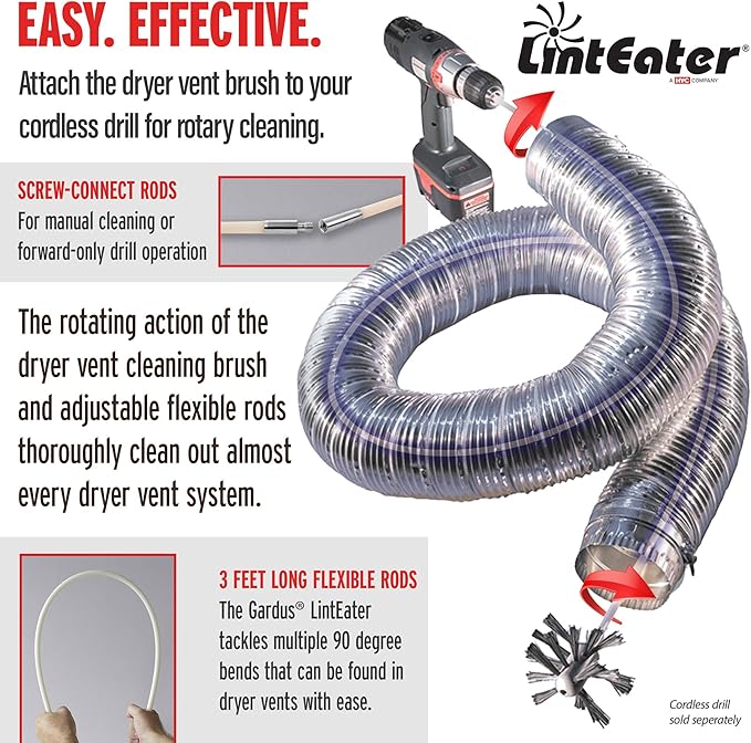 Gardus RLE24 LintEater Rotary Dryer Vent Cleaning System, Removes Lint, Extends Up to 24’