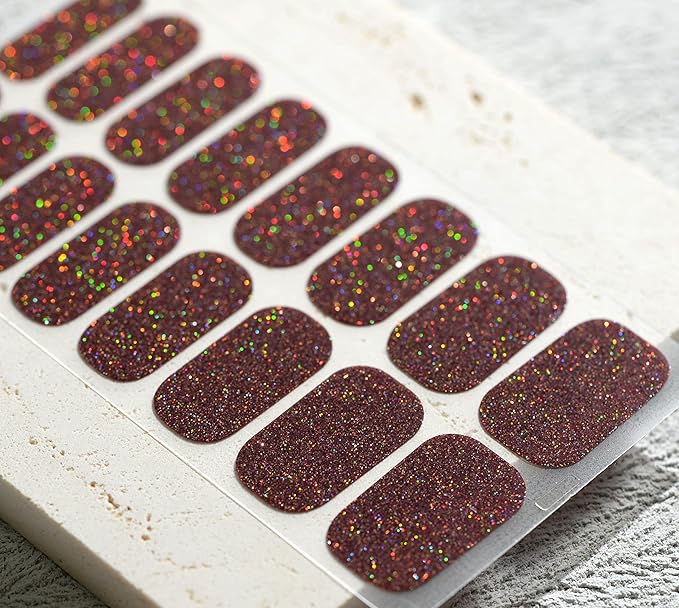 Nail Polish Strips, 32PCS Salon Quality Wraps, Long Lasting Gel Nail Stickers for Women Easy Apply& Remove (Chocolate Brown Glitter)