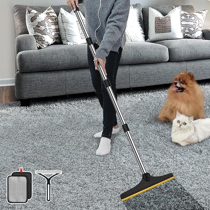 B-Land Carpet Rake for Pet Hair Removal, Reusable Pet Hair Remover with 60” Adjustable Long Handle, Carpet Scraper Broom Dog Cat Hair Remover Tool Fur Sweeper for Rugs, Mats