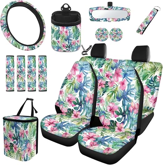 Tropical Hibiscus Flower Unversal Fit Car Seat Cover Set with Keychain Air Vent Storage Bag Trash Cans Seat Belt Steerin