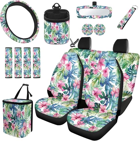 Tropical Hibiscus Flower Unversal Fit Car Seat Cover Set with Keychain Air Vent Storage Bag Trash Cans Seat Belt Steerin