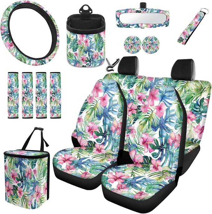 Tropical Hibiscus Flower Unversal Fit Car Seat Cover Set with Keychain Air Vent Storage Bag Trash Cans Seat Belt Steerin