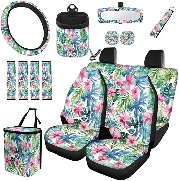 Tropical Hibiscus Flower Unversal Fit Car Seat Cover Set with Keychain Air Vent Storage Bag Trash Cans Seat Belt Steerin