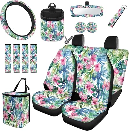 Tropical Hibiscus Flower Unversal Fit Car Seat Cover Set with Keychain Air Vent Storage Bag Trash Cans Seat Belt Steerin