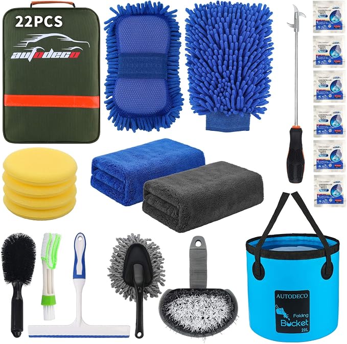 22Pcs Car Wash Cleaning Tools Kit Car Detailing Set with Olive Green Canvas Bag Collapsible Bucket Wash Mitt Sponge Towe