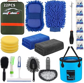 22Pcs Car Wash Cleaning Tools Kit Car Detailing Set with Olive Green Canvas Bag Collapsible Bucket Wash Mitt Sponge Towe