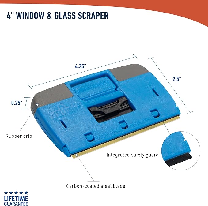 Unger Professional Compact 4” Window and Glass Scraper, Reversible Razor Blade Tool with Retractable Safety Guard, Use for Residue, Stickers, Glue, and Paint on Smooth Surfaces