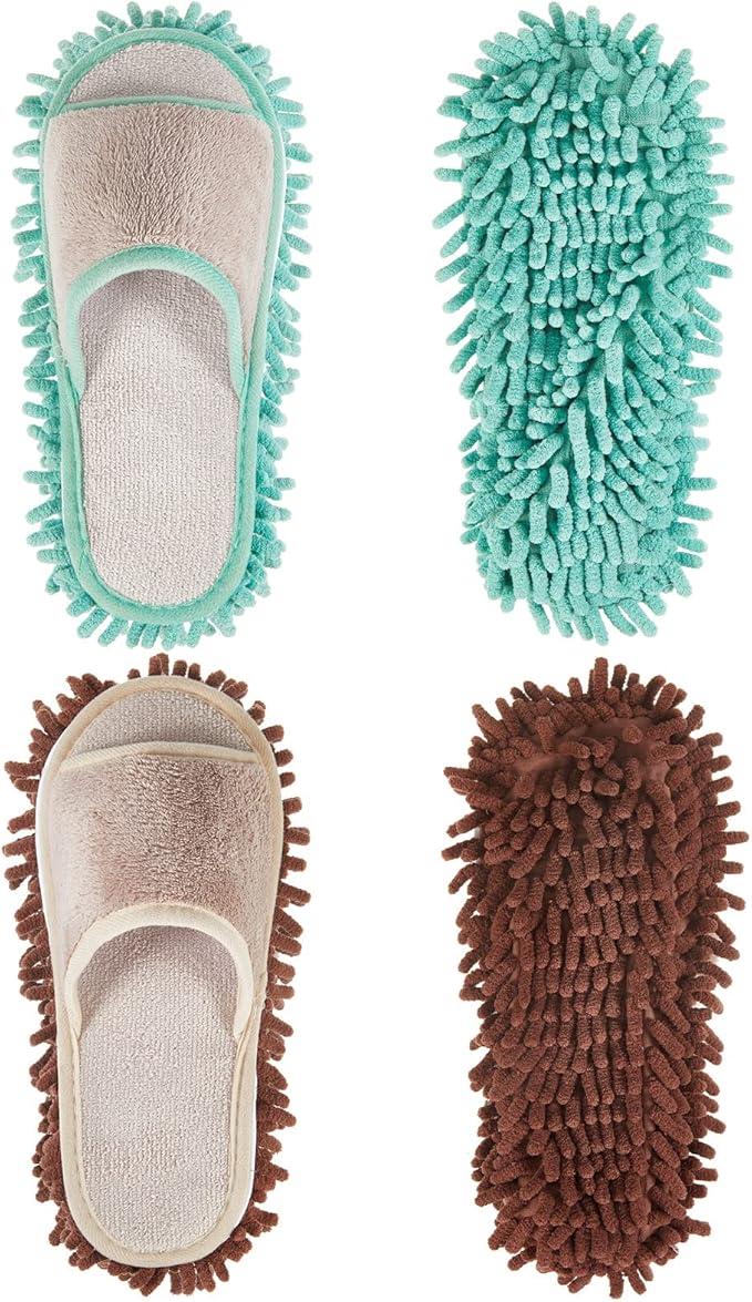 Jecery 2 Pairs Microfiber Cleaning Mop Slippers for Floor Cleaning House Mop Shoes Men and Women Washable Unisex Dusting Slippers Dirt Tool Supplies(Medium,Green, Coffee)