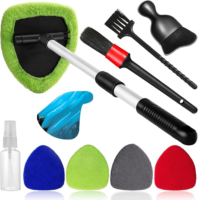 Qydipclin 10pcs Windshield Cleaner Tool, Car Window Cleaning Wash Kit with 4 Reusable Microfiber Pads 1 Spray Bottle and Extendable Handle Auto Glass Wiper Kit, Multicolor