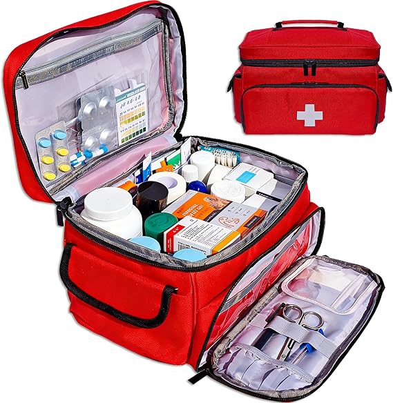 First Aid Bag Empty 12" x 9" x 7" Red Medical Bag Pill Bottle Organizer Portable Emergency Bag Travel Medicine Kit Stora