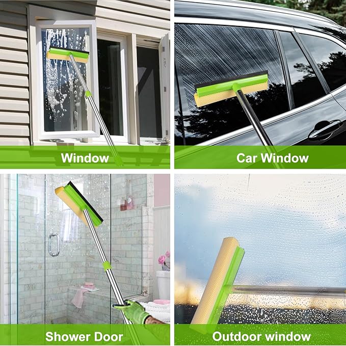 Window Squeegee, Squeegee for Window Cleaning, 2 in 1 Squeegee Window Cleaner with 58'' Long Handle,Window Washing Kit with Extension Pole for Shower, Windshield, Mirror, Gas Station, Glass