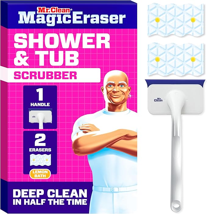 Mr. Clean Magic Eraser Shower & Tub Scrubber, Bathroom Cleaner, All in One Bathroom Cleaner, Lemon Starter Kit, 1 Scrubber & 2 Foaming Magic Erasers (Pack of 8)