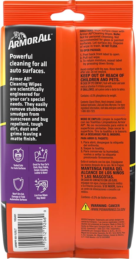 Armor All Car Interior Cleaner Wipes, Interior Cleaning Wipes for Cars, Trucks, Motorcycles, 60 Each