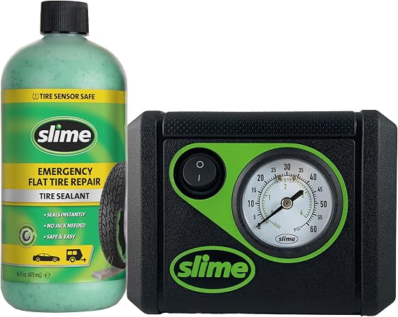Slime 50107 Flat Tire Puncture Repair, Smart Spair, Emergency Kit For Car Tires, Includes Sealant And Tire Inflator Pump