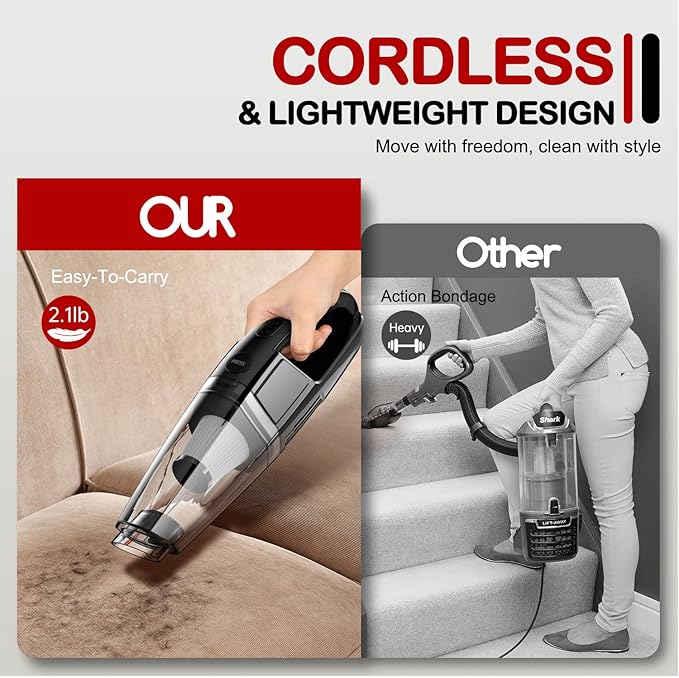 BSRCO Handheld Vacuum Cordless 8000PA, Car Vacuum Portable Cordless 30 Mins Runtime & Under 70dB Quiet, Hand Held Vacuum Cleaner, 1.4lbs Hand Vacuum Cordless for Car/Home/Office, Pet Hair