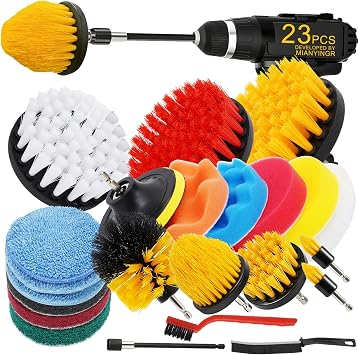 23Pcs Drill Brush Attachments, Power Scrubber Brushes with 2 Gap Brushes, Scrub Pads & Sponge Polishing Pads, Car Polish