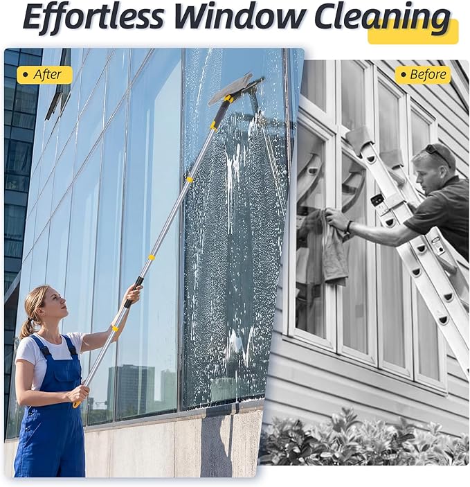 Masthome 77" Window Squeegee with Stainless Steel Pole, 2-in-1 Professional Window Cleaning Kit, 180° Lockable Rotating Head, Streak-Free Scrubber for High Window, Car Windshield, Indoor Outdoor Glass