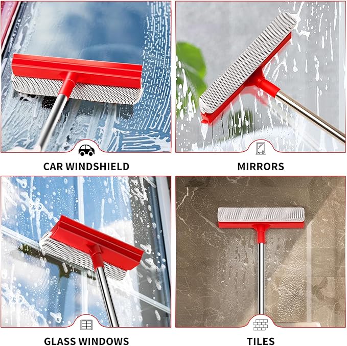 Window Squeegee with 18.5"-28.5" Retractable Handle, 2-in-1 Squeegee for Window Cleaning Tool for Cars, Trucks, Glass Doors, Shower, Outdoor Windows – Window Cleaner (Red)