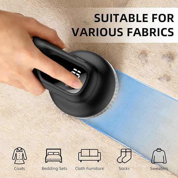 Fabric Shaver, Lint Remover Rechargeable with 3 Speeds, 6 Leaf Blades, Digital LED Display to Remove Fuzz Lint Balls for Clothes, Furniture, Sweater and Couch (Black)