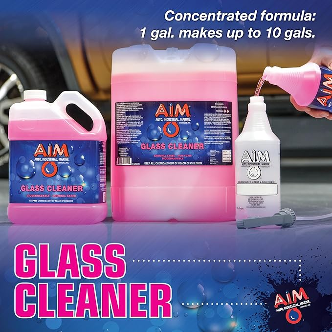 AIM Chemicals Ammoniated Glass Cleaner Concentrate - Streak-Free Shine for Windows, Cars, Homes, Offices - Dilutes 10:1 - Removes Dirt, Grime, Fingerprints - Ideal for Glass Spray Bottles - Quart