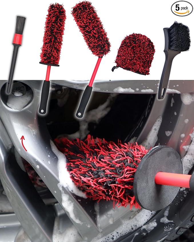 oesee Metal Free Microfiber Wheel Brush Kit- Microfiber Angled Wheel Brush, Long Handle Wheel Brush, Tire& Detailing Brush, Wheel Wash Mitt. Hands-On Wheel Detailing Kit for Daily Wheel Cleaning