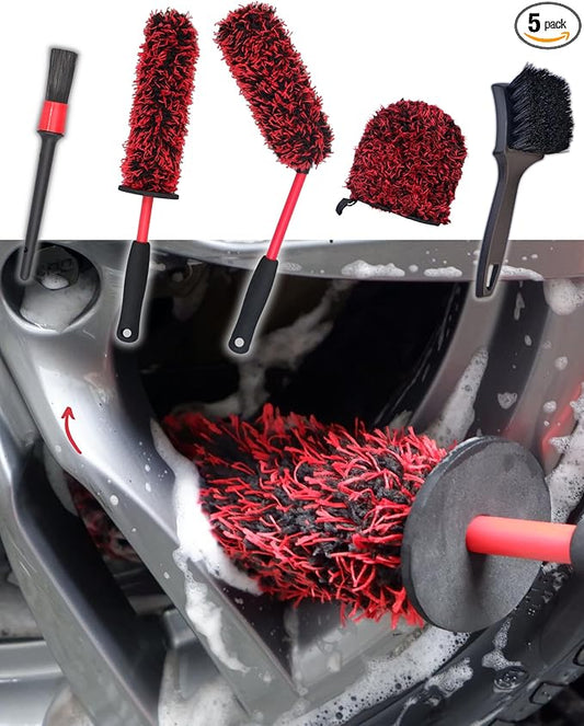 oesee Metal Free Microfiber Wheel Brush Kit- Microfiber Angled Wheel Brush, Long Handle Wheel Brush, Tire& Detailing Brush, Wheel Wash Mitt. Hands-On Wheel Detailing Kit for Daily Wheel Cleaning