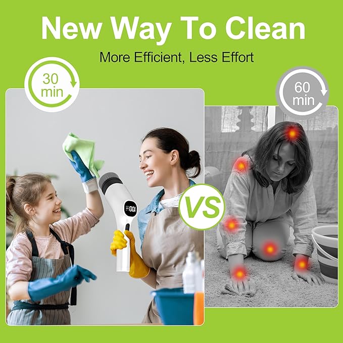 WKY-Electric Spin Scrubber - 10-in-1 Cordless Shower Scrubber & Cleaning Brush with Extendable Handle, 2 Speeds, IPX7 Waterproof Brush Heads, LED Display, Smart AI Chip,for Bathroom, Kitchen White