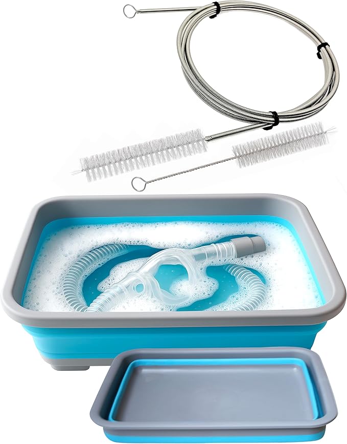 Hose and Mask for CPAP Cleaning Brush with Collapsible Wash Basin Bucket Tub - Essential Care Kit for CPAP Users, Suitable for 7 Feet Tubing and 22mm 19mm Diameter (Standard Set Basin & Brush)