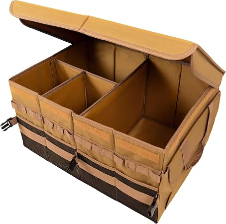 Large 70L SUV Trunk Organizer, Trunk Organizer With Lid, Foldable Cargo Storage Box, Brown, 4-Compartments With Handle, 