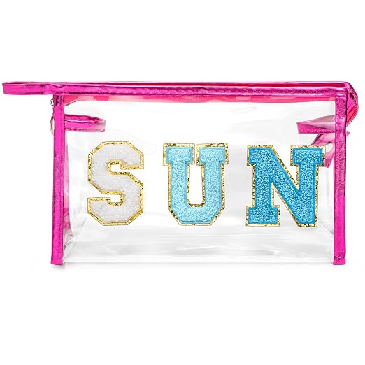 Y1tvei Clear SUN Makeup Bag - Preppy Blue SUN Chenille Varsity Letter Cosmetic Bag PVC Transparent Zipper Waterproof Bea