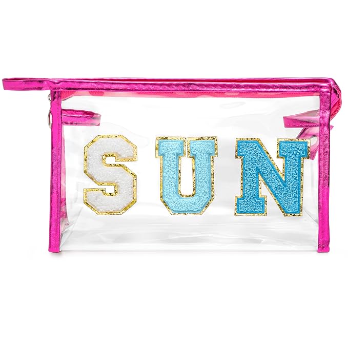 Y1tvei Clear SUN Makeup Bag - Preppy Blue SUN Chenille Varsity Letter Cosmetic Bag PVC Transparent Zipper Waterproof Bea