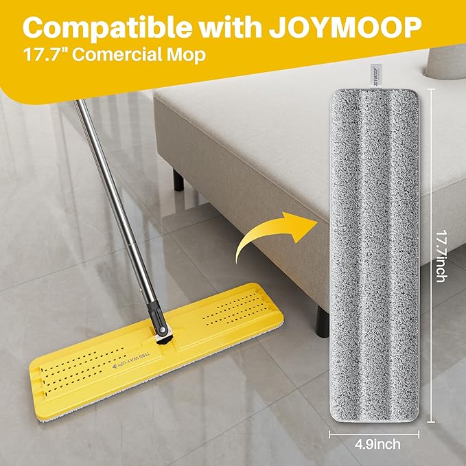 JOYMOOP 17.7-Inch Microfiber Flat Mop Replacement Pads – Washable Reusable Grey & Stripe, Pack of 4 Heavy-Duty Wet & Dry Refill for JOYMOOP Flat Mop & Bucket System