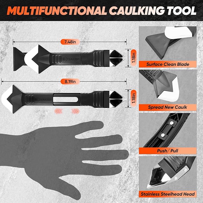 Saker Silicone Caulking Tool 3-in-1 Grout Removal Tool and Sealant Finishing Scraper with Stainless Steelhead, Caulk Remover and Seam Repair Kit for Bathroom, Kitchen, Floor, Window and Sink Joints
