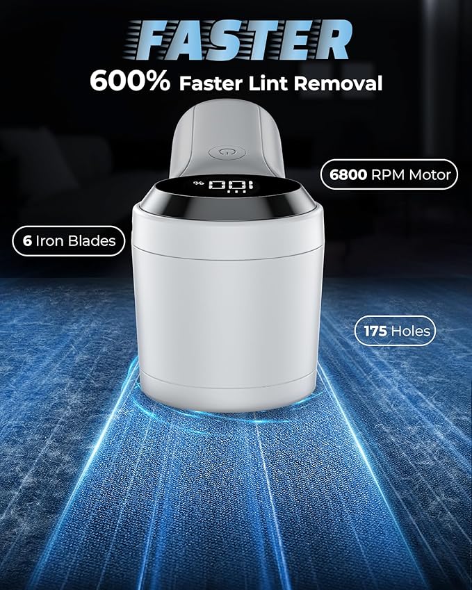 FrSara Fabric Shaver, Rechargeable Lint Remover, 3-Speed Electic Lint Shaver, 6-Blade Sweater Shavers to Remove Pilling, Battery Powered with LED Display for Furniture,Clothes, Upholstery, White