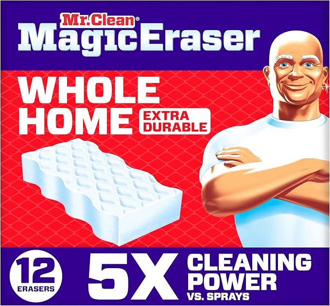 Mr. Clean Magic Eraser Sponge, All Purpose Cleaner, Cleaning Scrubber, Wall, Sneaker, Kitchen, Bathroom, Shower Cleaning Supplies, Melamine Sponge, Cleaning Pads, Whole Home Extra Durable, 12ct