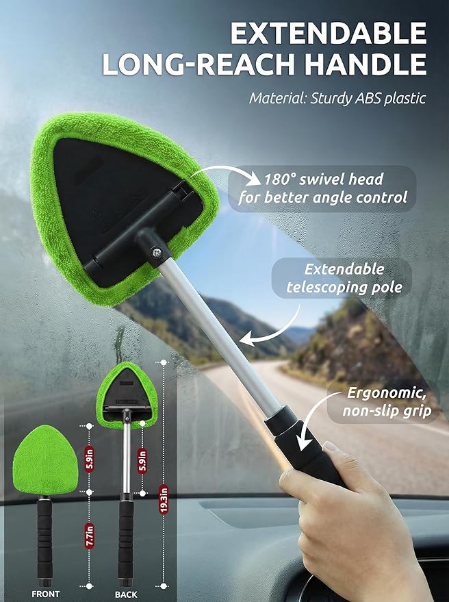 TAKAVU Car Window Cleaning Tool, Windshield Wiper Cleaner with Extendable Long-Reach Handle, 3 Washable Reusable Microfiber Bonnets, Car & Home Inside Interior Exterior Use - Lint Free (Green)