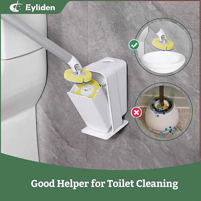 Eyliden Disposable Toilet Brush Kit with 40 Refills, Lightweight Toilet Bowl Wand, Hands-Free Scrubber with Auto-Open Caddy, Perfect for Bathrooms, RVs & Apartments, White