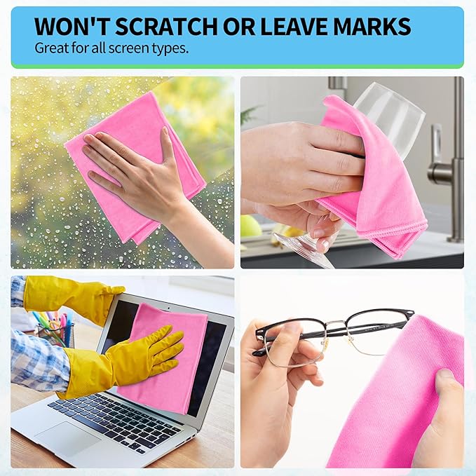 Microfiber Cleaning Cloth - 10 Pack Glasses Cleaning Cloth, 16" x 14" Window Cleaning Rags, Streak Free Lint Free Polishing Cloths Wipes for Eye Glass, Stainless Steel, Windshield, Pink