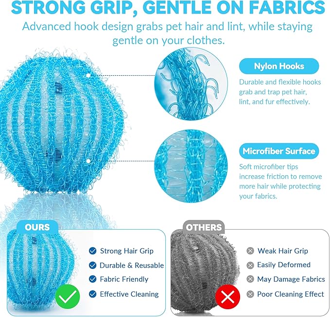 12 Pack Pet Hair Remover for Laundry, Reusable Dog & Cat Hair Catcher, Washer & Dryer Safe Laundry Balls, Anti-Tangle Design, Helps Remove Lint & Fur from Clothes, Bedding & Blankets (Blue)