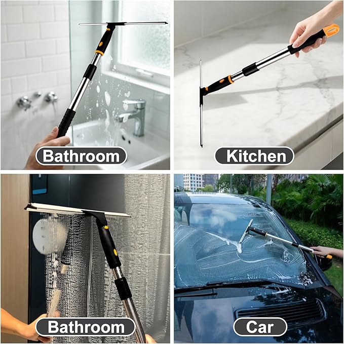 14" Window Cleaning Tool, All-Purpose Extendable Window Squeegee with 2 Blades and Stainless Steel Pole, Shower Squeegee for Glass Doors,Shower Doors, Windows, Bathroom and Car Windshields