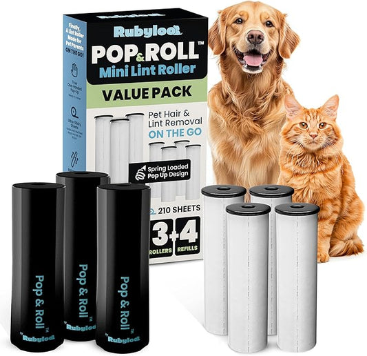 Rubyloo Mini Lint Roller for Pet Hair (3 Pack + 4 Refill Rolls) - Travel Size Sticky Pet Hair Roller with Retractable Cover - Cat & Dog Fur Remover for Clothes