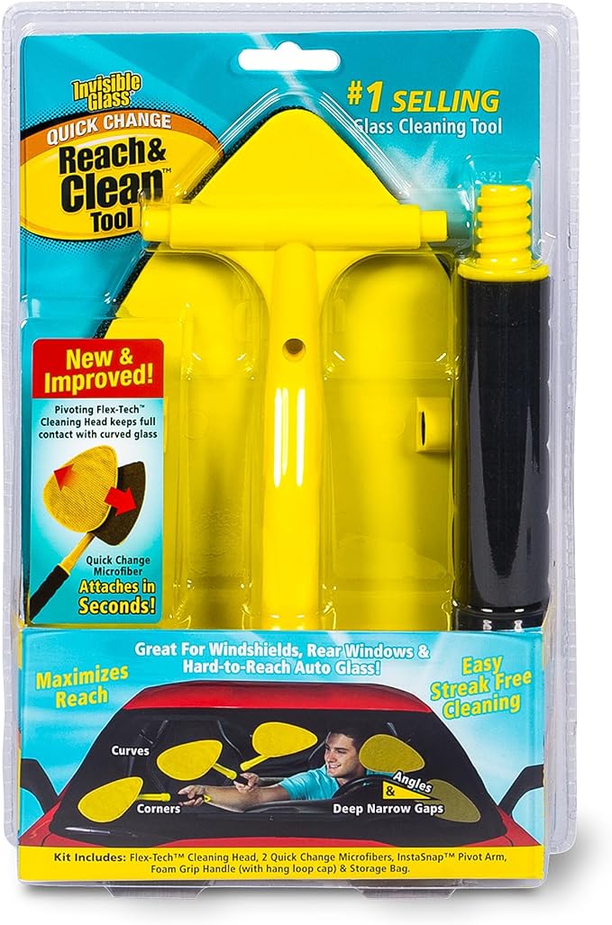 Invisible Glass 95160 Reach & Clean Windshield Cleaning Tool and Car Window Cleaner Tool for Interior and Exterior Auto Glass, Trucks, SUVs, RVs and Home Windows with 2 Microfiber Pads and Storage Bag