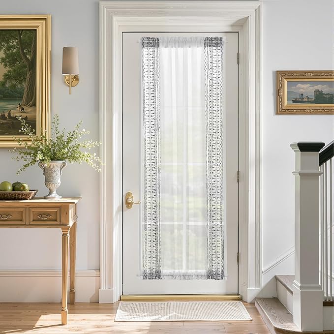 jinchan French Door Curtain Privacy Boho Embroidered Semi Sheer Voile Front Curtain for Window Doorway Closet, Door Panel with Tieback Rod Pocket 1 Panel (Grey on White, 55W x 72 L Inch)