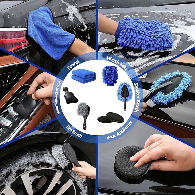 Qydipclin 34Pcs Car Detailing Kit, Car Detailing Brush Set, Car Wash Cleaning Kit, Car Detailing Brushes, Professional Car Care Kit for Interior Exterior Wheels, Blue