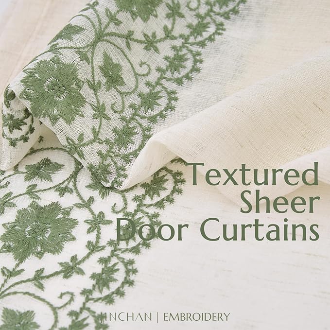 jinchan French Sheer Volie Door Curtain Embroidered Christmas Decor Farmhouse Linen Curtain for Patio Door with Tie up Bows for Door Window Closet Light Filtering 40 Inches 1 Panel Green on Beige