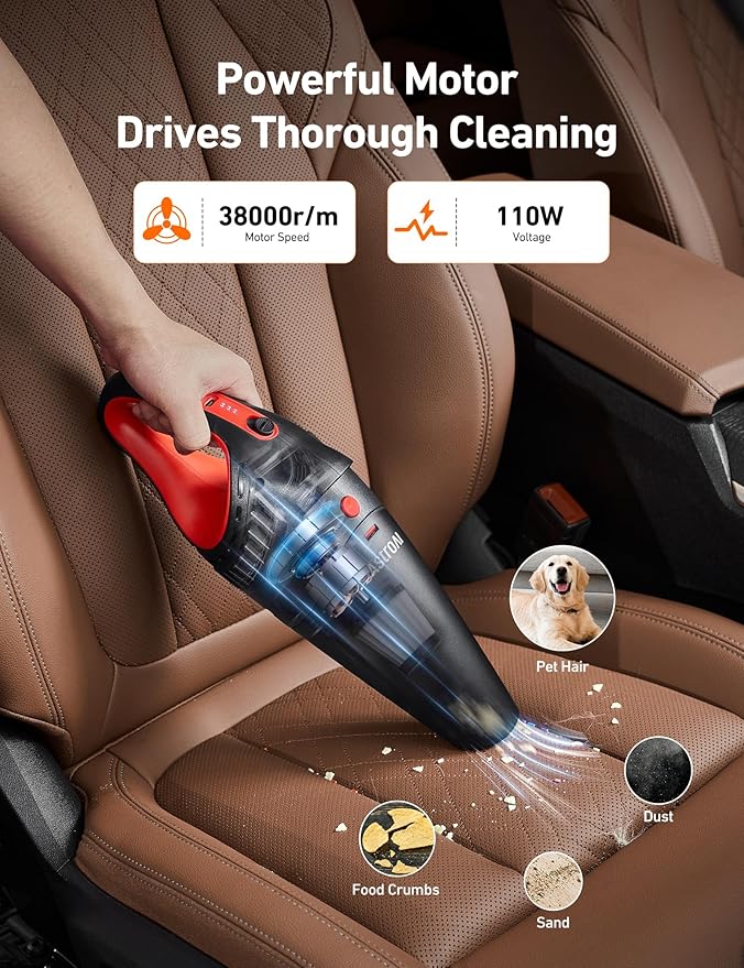 AstroAI V2 Mini Portable Cordless Handheld Car Vacuum Cleaner, 6000mAh & 12V DC, LED Light, Brush, Extended Nozzle, Hose, Portable Handheld Vacuum for Car, Home, Office & Pet Cleaning, Red