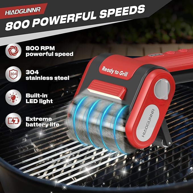 Electric Grill Brush, Grill Cleaner with LED Light, 700–800 RPM Stainless Steel Bristles, 304 Removable Brush Head, Cordless & Type-C Rechargeable Grill Cleaning Tool for Outdoor BBQ