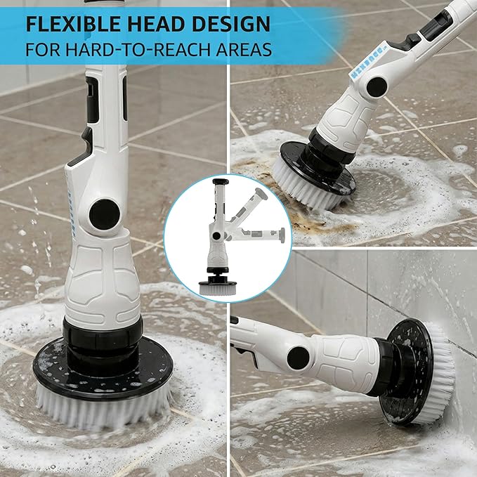 Electric Spin Scrubber, 3-Speed Power Scrubber for Cleaning Bathroom, 6-Angle Adjustable Head Cordless Scrubber with 8 Brush Heads & Long Handle, LCD Display Shower Scrubber for Grout Tile Floor Tub