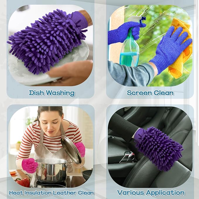 Potchen 6 Pcs Microfiber Dusting Mitt Gloves for Plants Washable Dusting Gloves for House Cleaning Furniture Car Washing
